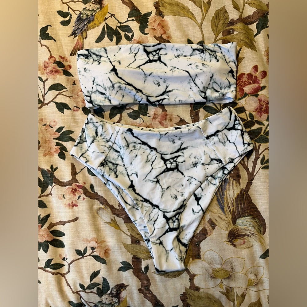 Black and white marble colored high waisted bikini